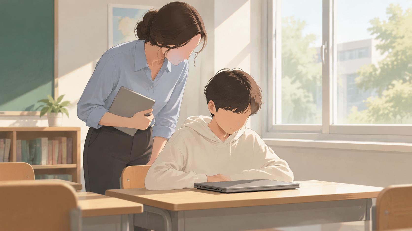 A teacher observing a student using a laptop