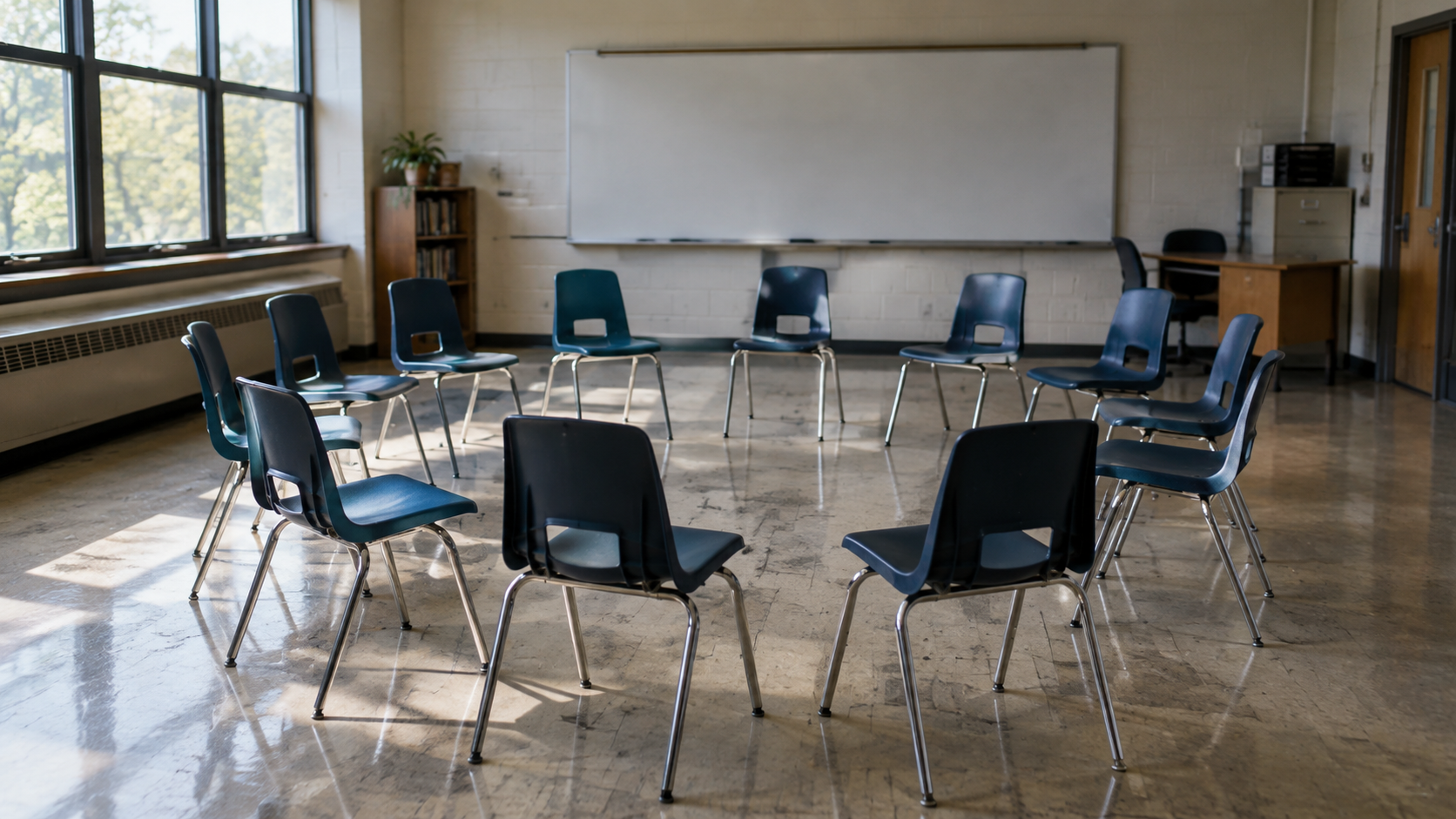An empty classroom with chairs arranged for a meeting