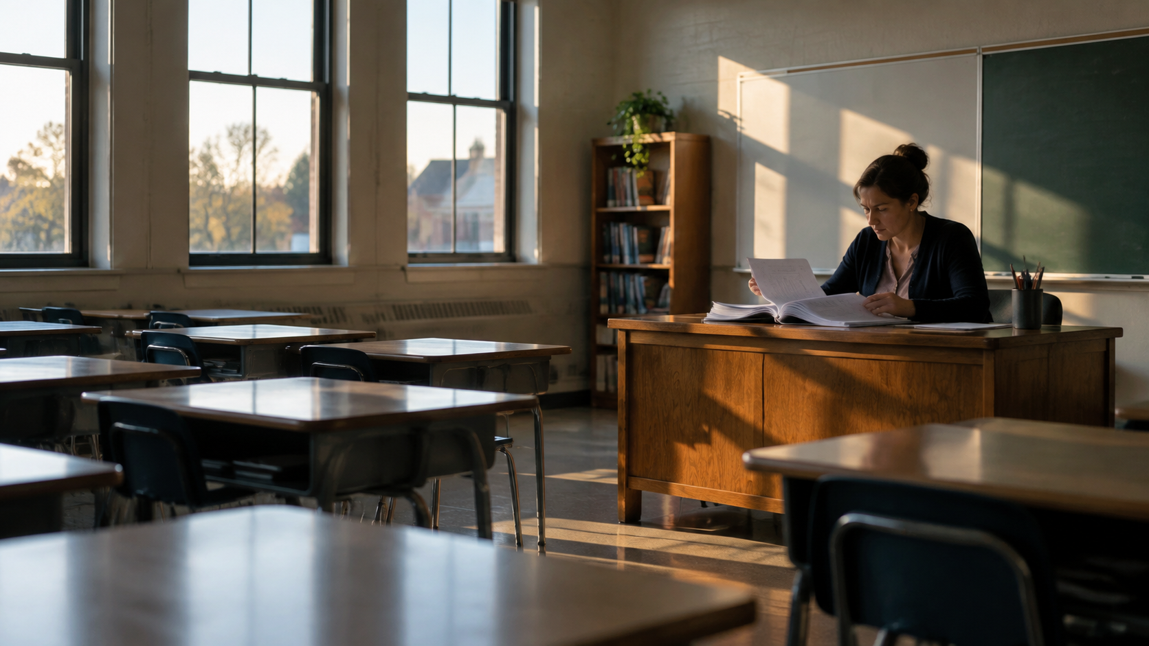 A teacher reviewing a printed document at an empty desk