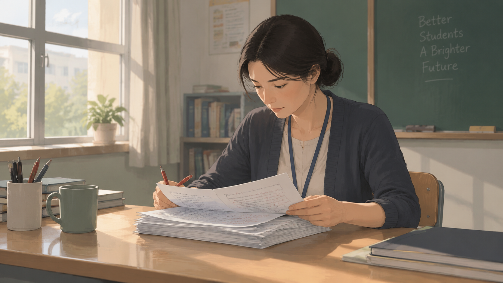 A teacher reviewing printed test results at a desk