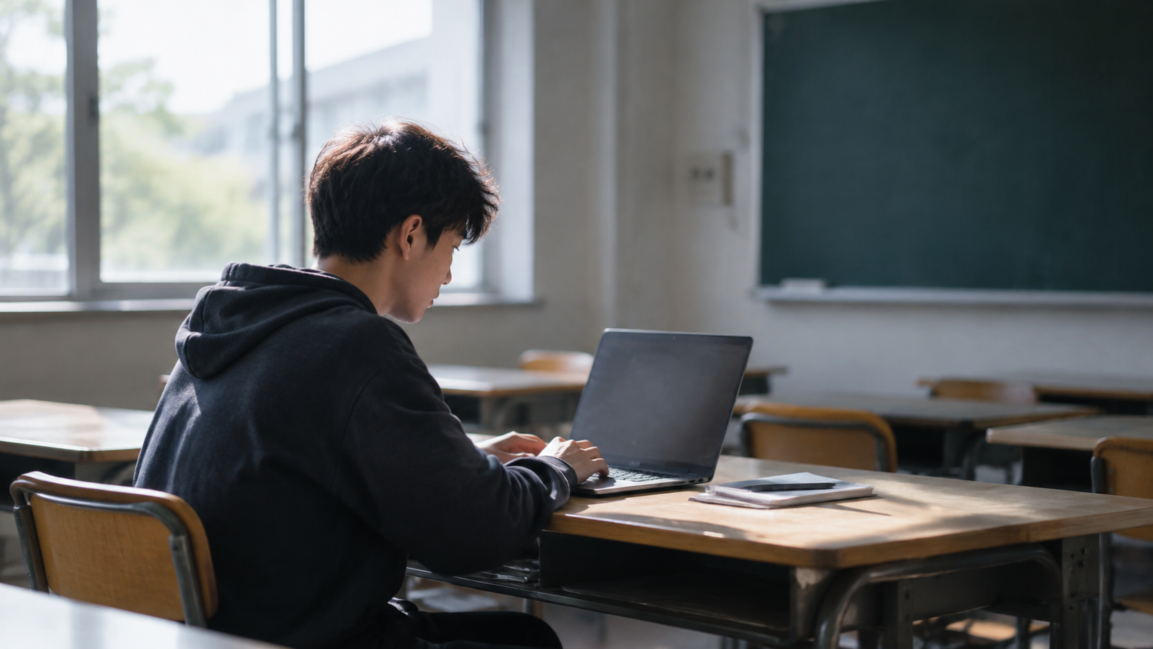 A student working alone at a desk with a laptop in a quiet classroom
