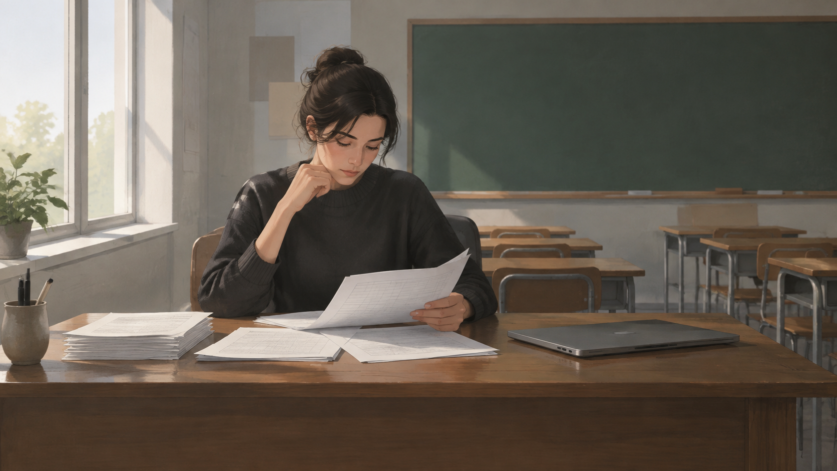 A teacher reviewing lesson materials at a desk