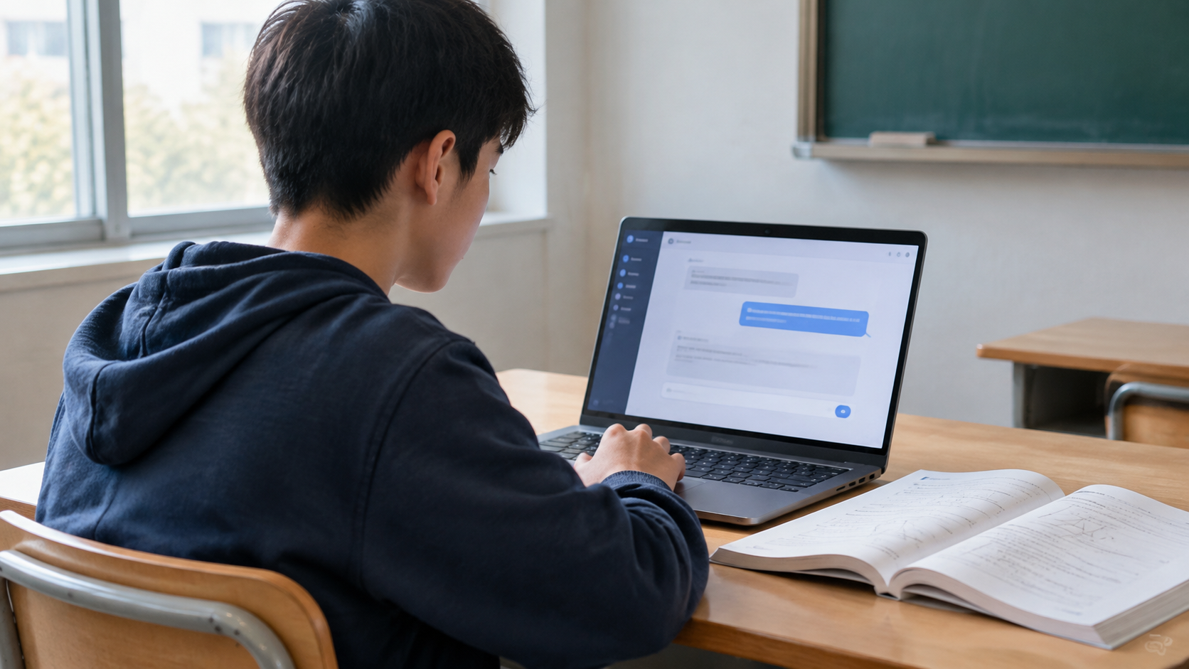 A student working with an AI tutor on a classroom laptop