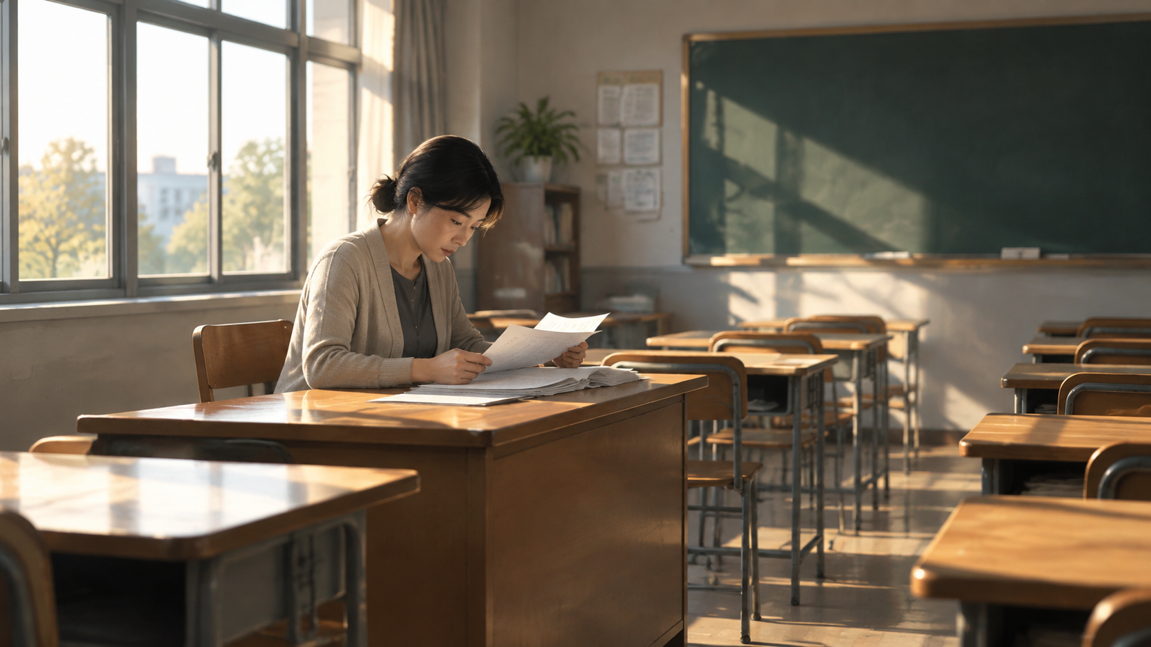 A teacher reviewing materials at an empty desk after class